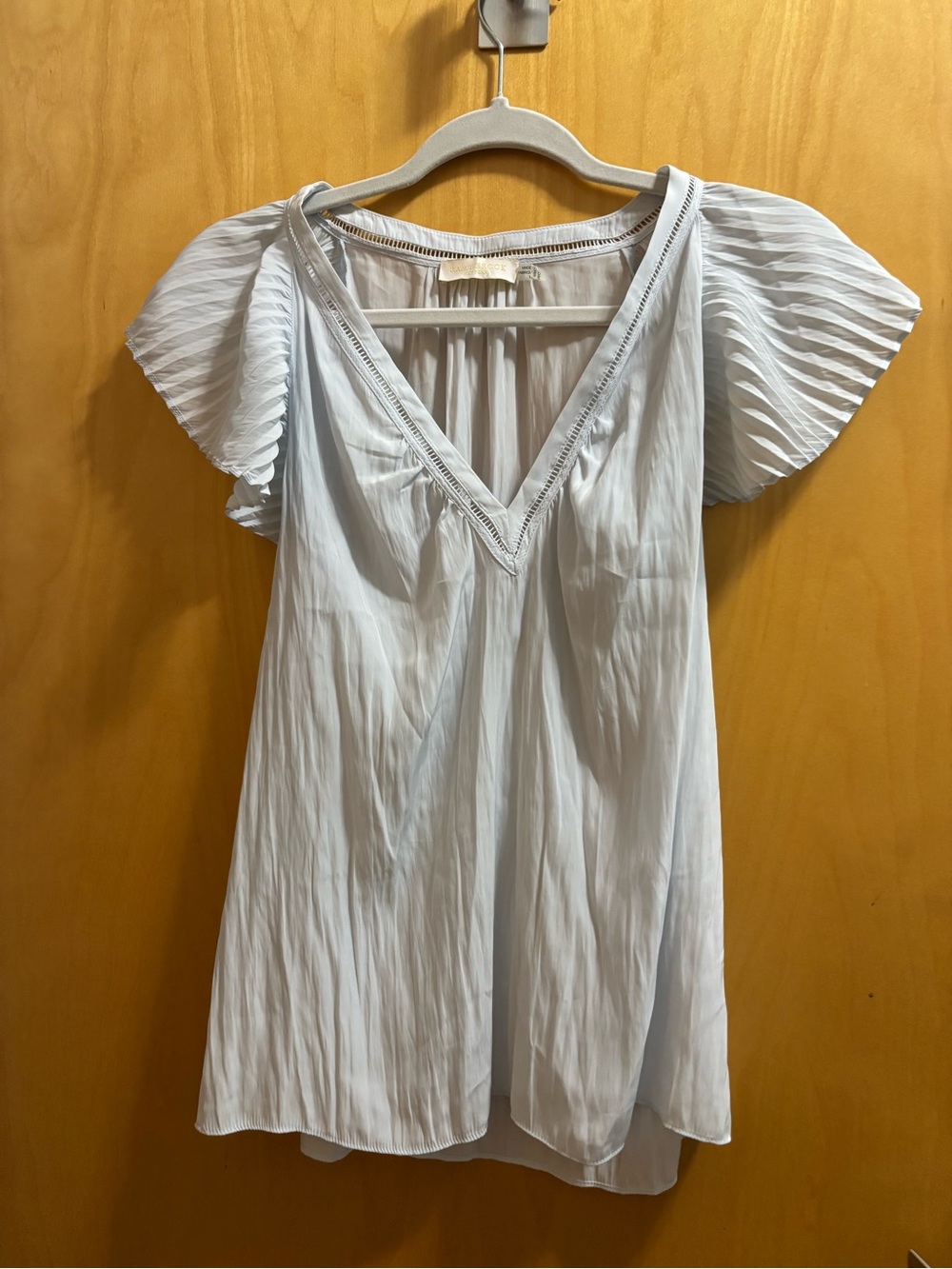 Ramy Brook Light Blue Pleated Flutter Sleeve V-Neck Top